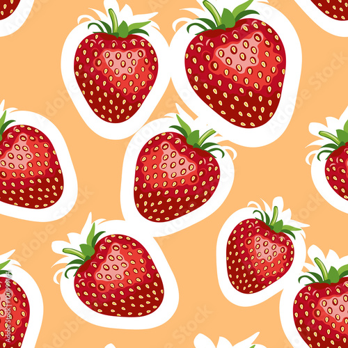 Fototapeta Naklejka Na Ścianę i Meble -  Pattern of realistic image of delicious big strawberries different sizes. Orange background