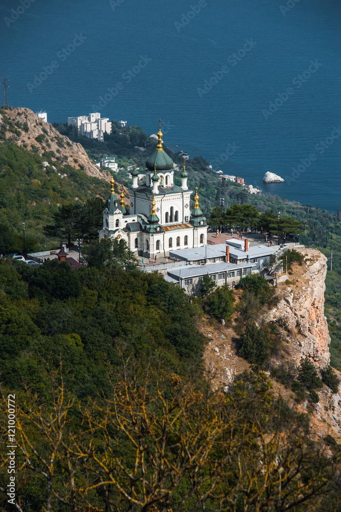 Top view Church of Holy Resurrection on Black sea coast, Crimea, Russia