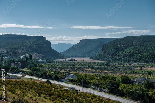 Mountain landscape, the valley of ghosts, grass, rocks, Crimea Trekking