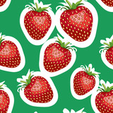 Pattern of realistic image of delicious big strawberries different sizes. Green background