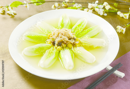 Scallops white ginkgo Tianjin with cabbage on white plate in res