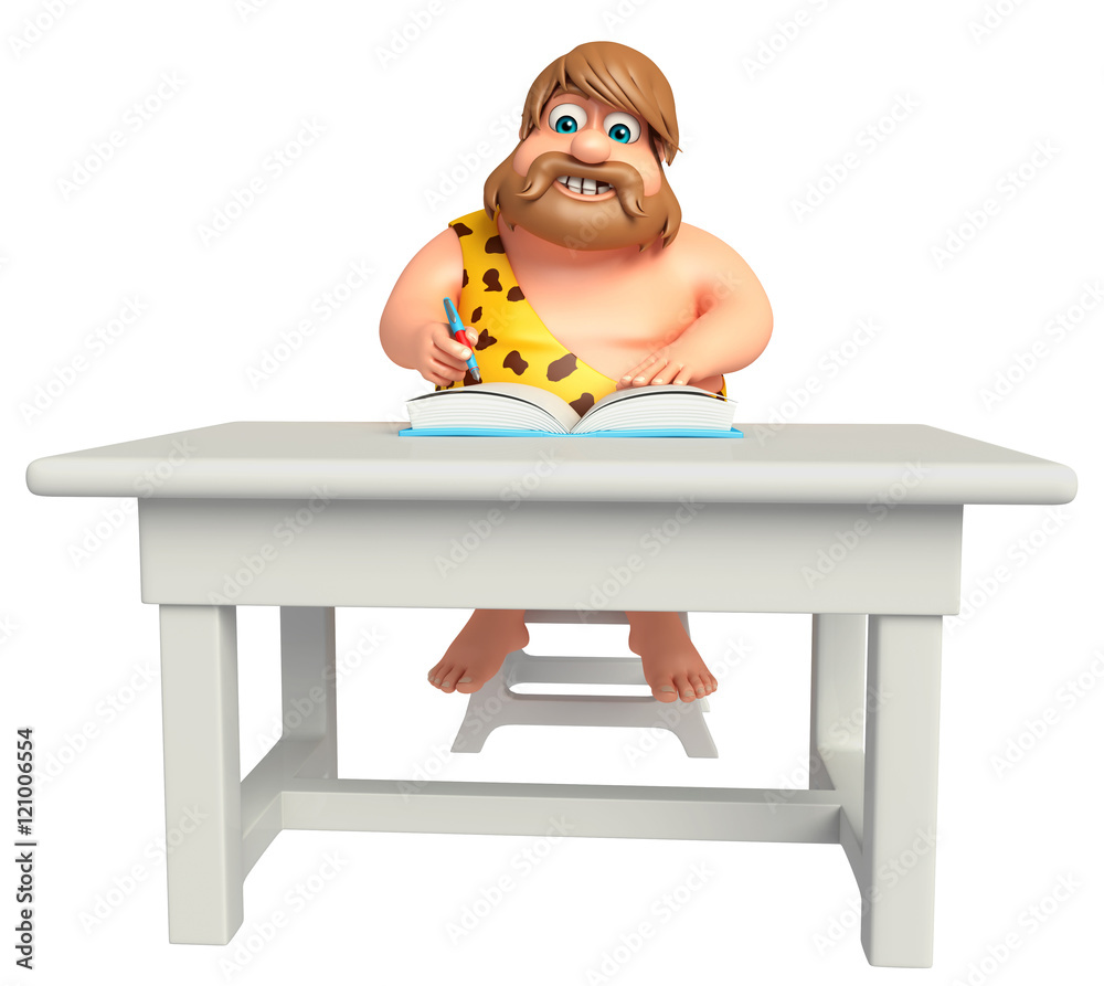 Fototapeta premium Caveman with Table chair and book