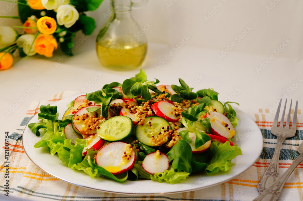 Spring salad with mustard oil, cucumber, lettuce, radish and her
