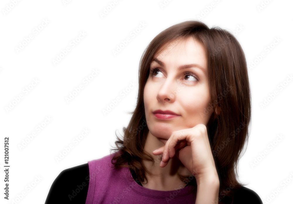 Woman thoughtful looking upward isolated white Woman thoughtful looking upward isolated white