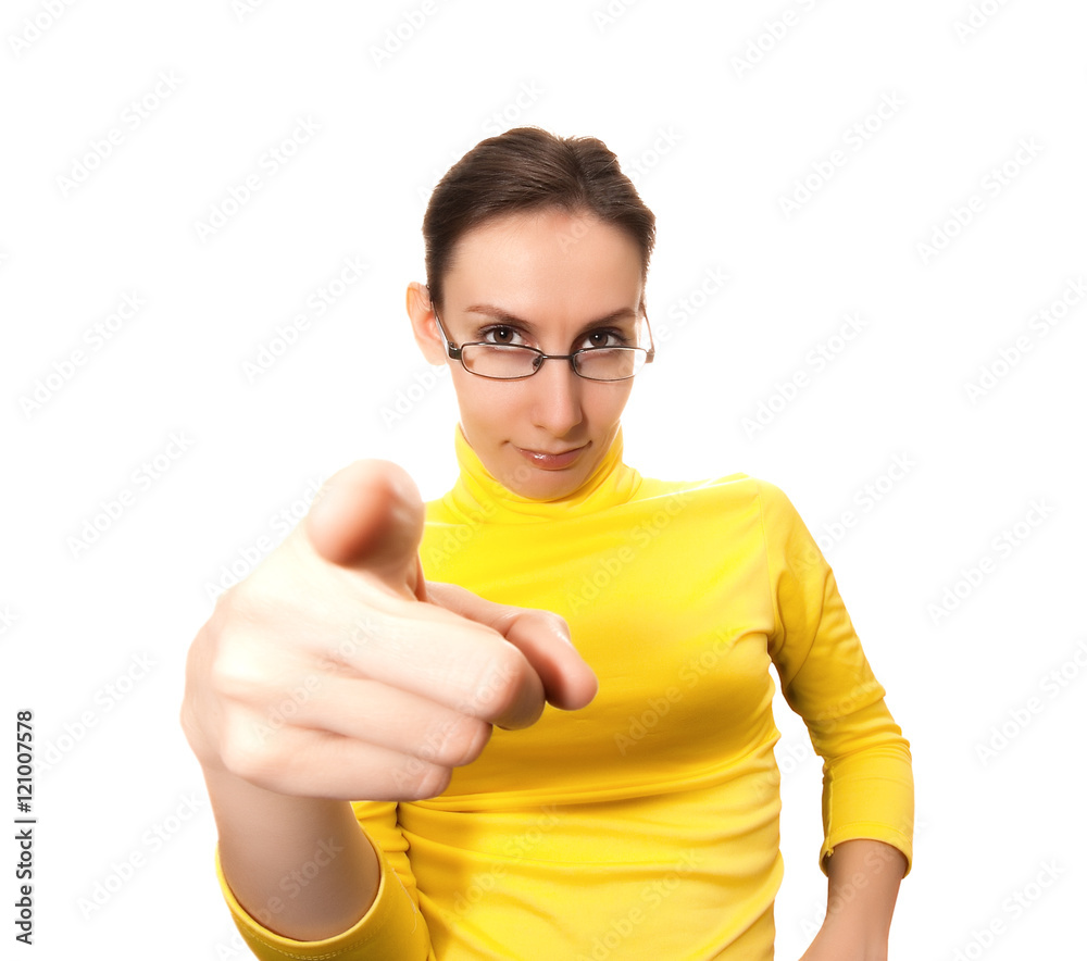 Woman pointing finger toward isolated white Woman pointing finger toward isolated white