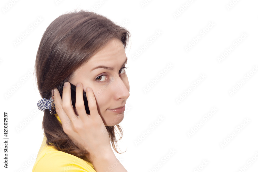 Girl communicating mobile isolated white Girl communicating mobile isolated white
