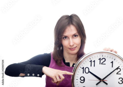 Woman pointing clock time