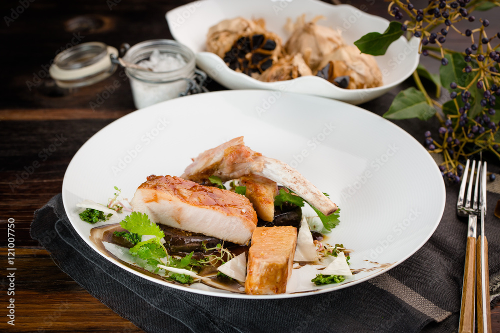 Summer terrace with fried pork cutlet, cumin, mushroom and herbs Summer terrace with fried pork cutlet, cumin, mushroom and herbs