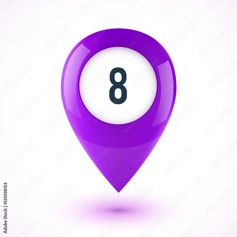 Violet realistic 3D vector glossy map point symbol. Part of colorful set.