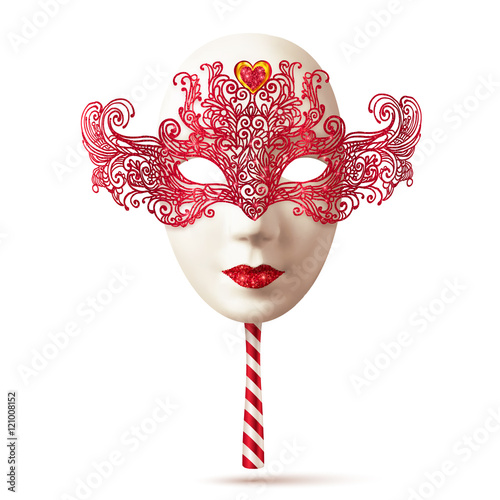 White realistic carnival mask with red lacy top and striped handle