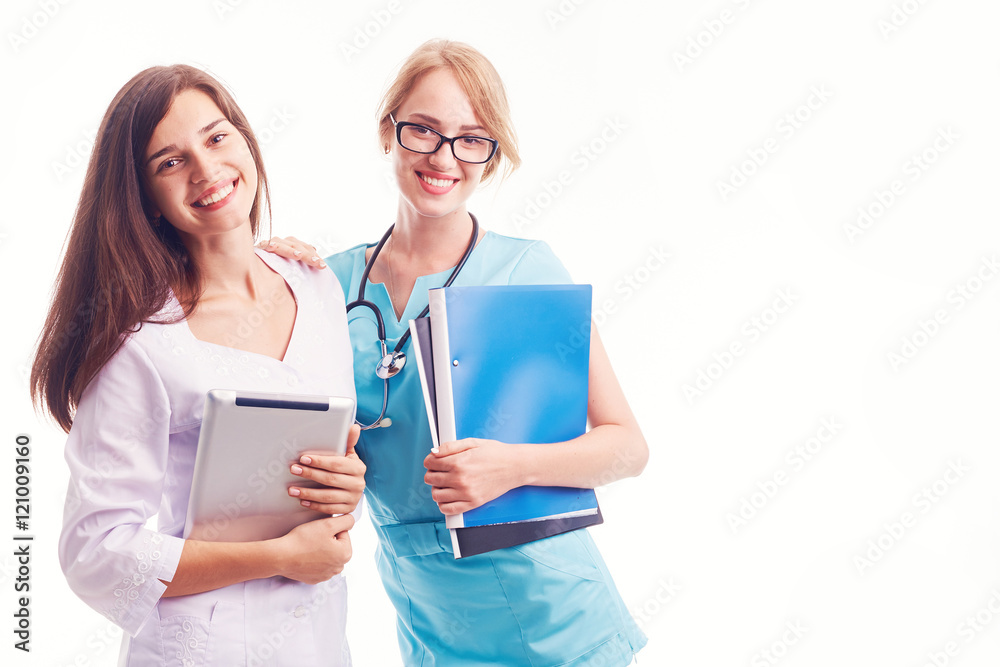 Smiling female doctor with a folder in uniform standing Smiling female doctor with a folder in uniform standing