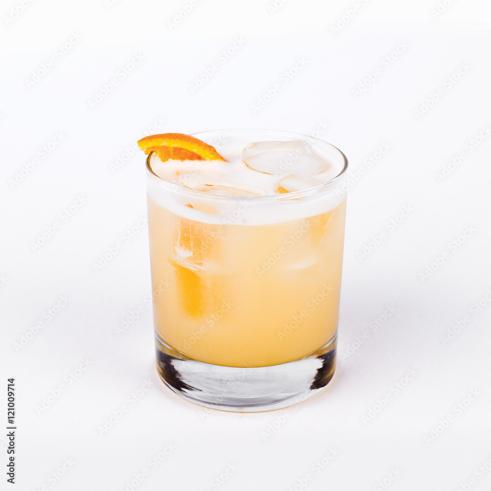 Glass of Whiskey sour with orange in white background