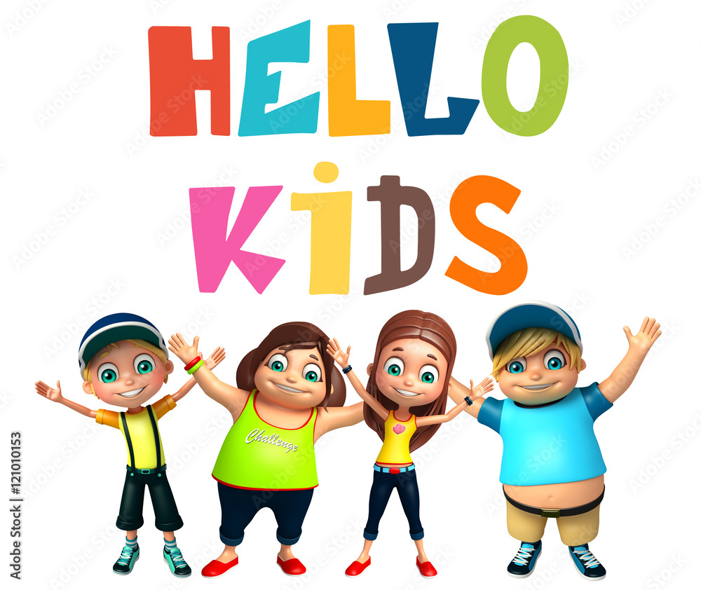 kid girl and kid boy with Hello kids sign