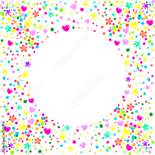 Party card background with stars and colorful hearts around a circular area to place text.