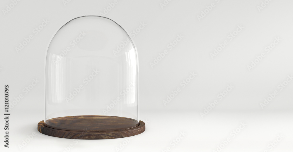 Glass dome with wooden tray on white background Stock Photo | Adobe Stock