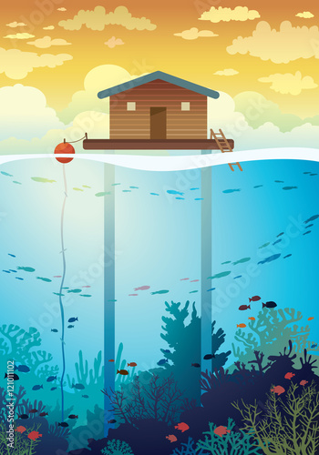 Coral farm - house on stilts and coral reef.
