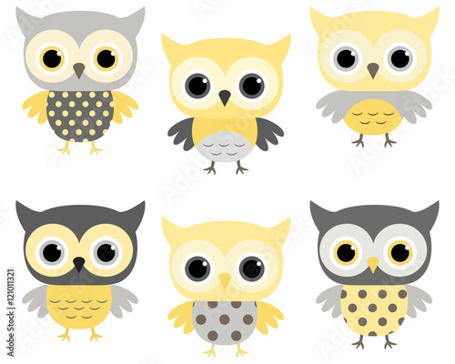 Cute cartoon baby owls in grey and yellow