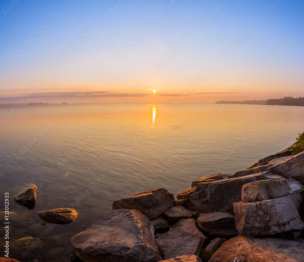 View of Simcoe lake during sunrise from Sibbald Point Provincial Park, Ontario, Canada View of Simcoe lake during sunrise from Sibbald Point Provincial Park, Ontario, Canada