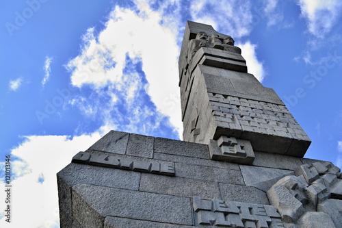 Gdansk Westerplatte monument with blue sky and white clouds