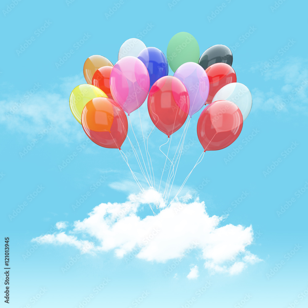 Escape conceptual-Bunch of colorful balloons holding cloud into the sky background
