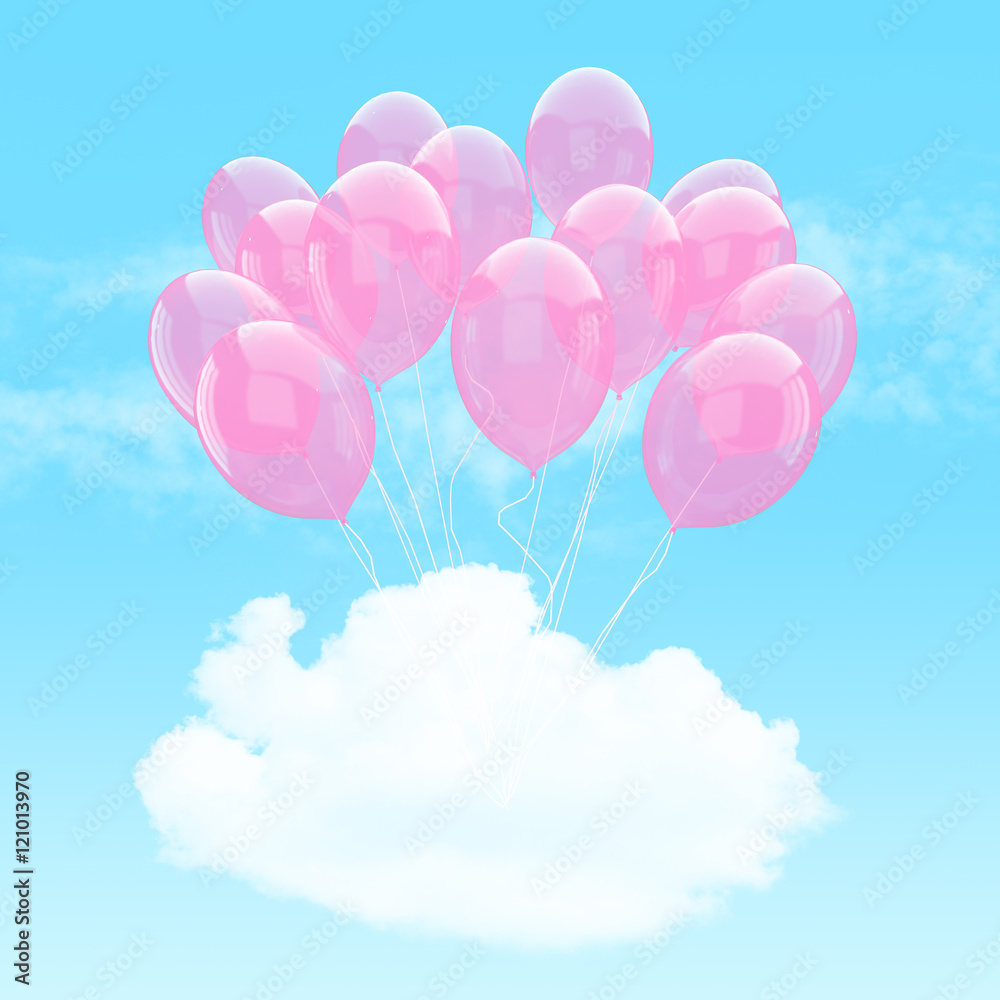 Escape conceptual- bunch of pink balloon holding cloud into the sky background