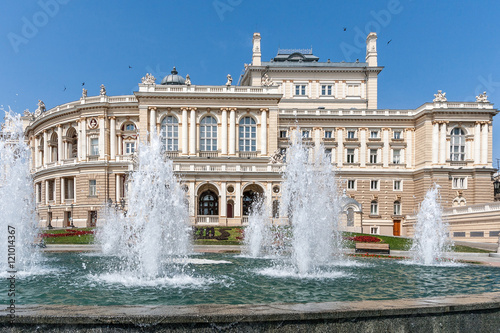 Fountain on a background of the beautiful Opera House Odessa, Ukraine