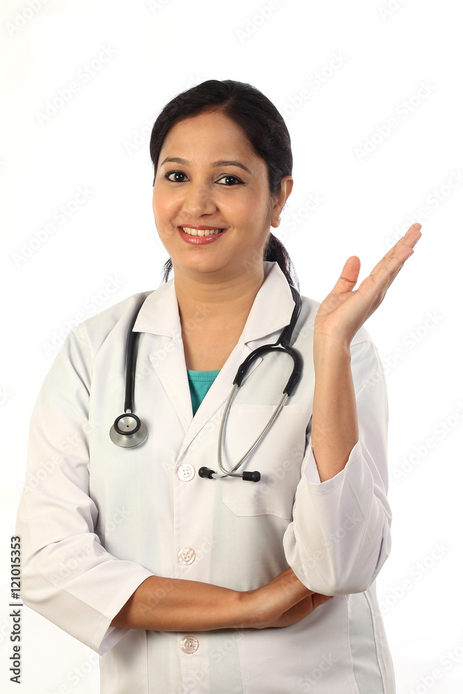 Young doctor woman presenting and showing copy space Young doctor woman presenting and showing copy space