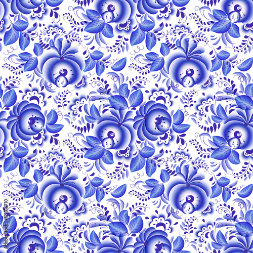 Ornate blue and white floral seamless pattern