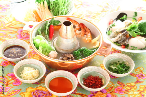 Healthy creative Thai hot pot with shrimp  mushroom  broccoli  o