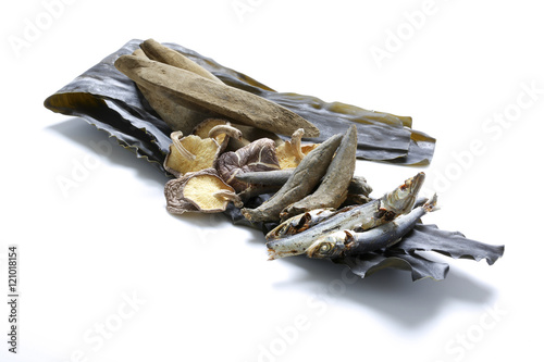 Dried food of mushroom and mackerel fish on white background