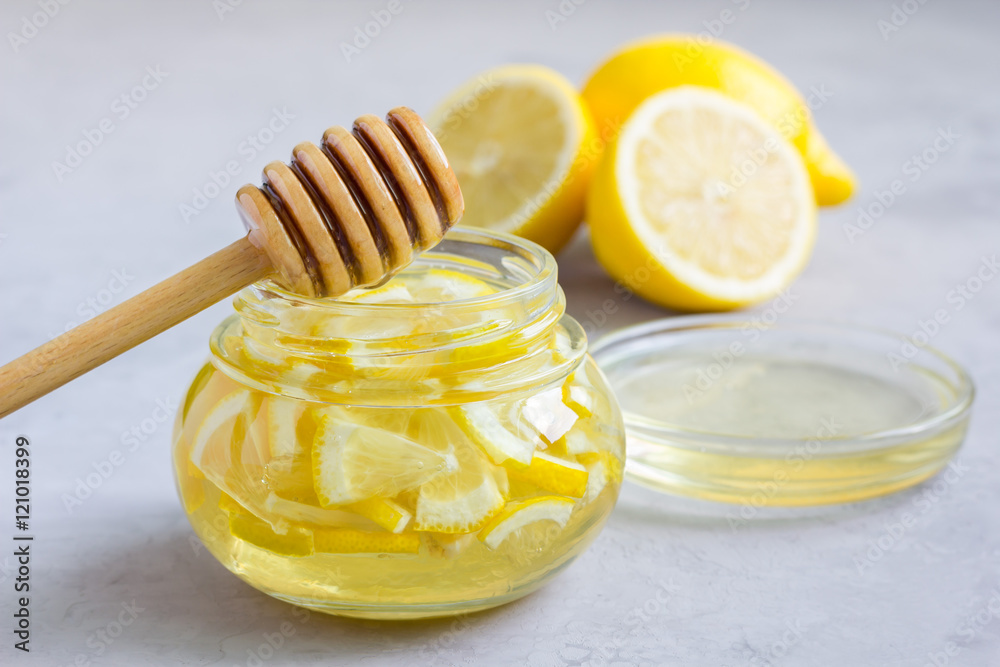 Lemon and honey mix for citrus tea in glass jar