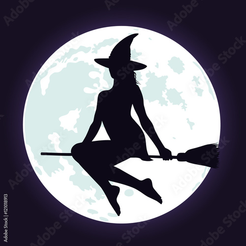 Silhouettes of witch on broomstick and moon.