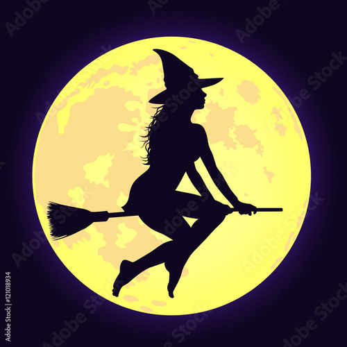Halloween witch on broomstick and shining moon.