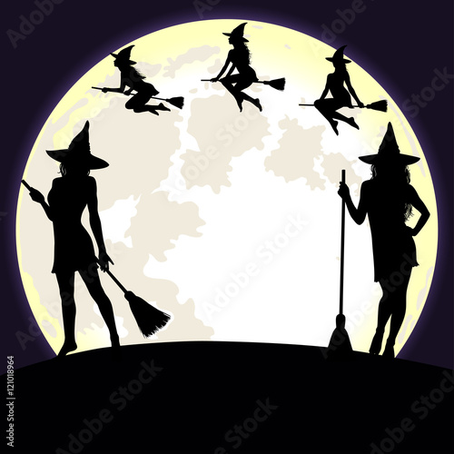 Halloween background with witches and moon.