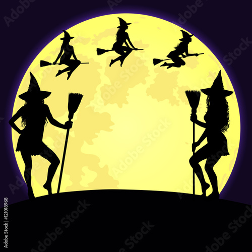 Halloween witches standing and flying on fool moon background.