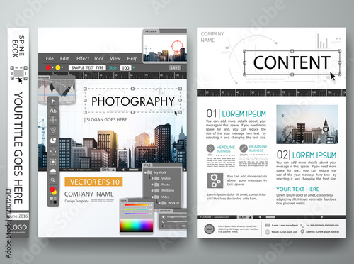 Photography editor monitor design in cover book portfolio presentation poster.Brochure design template vector.Photo city design on A4 layout.Flyers business magazine portfolio layout.Workspace editor.