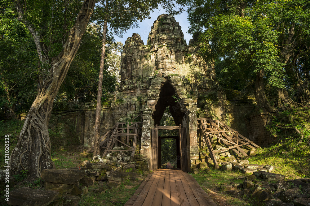 Angkor Thom West Gate close-up from the Angkor Temple complex near Siem Reap Cambodia