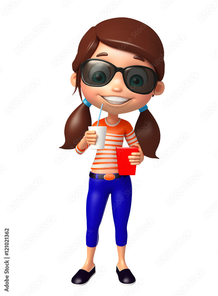 kid girl with Sunglass and soft drink popcorn
