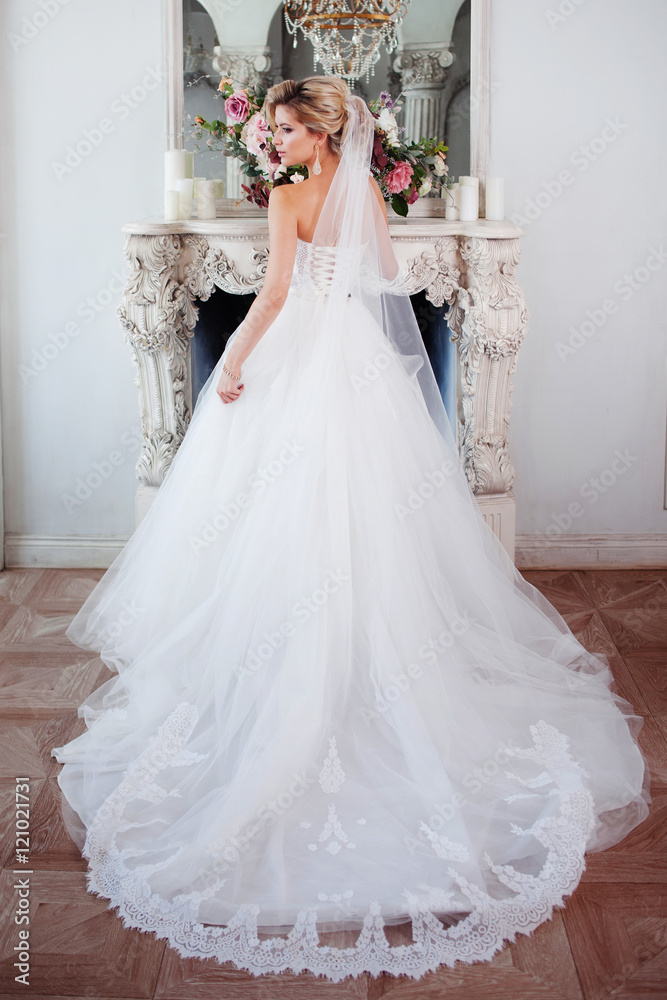 Charming young bride in luxurious wedding dress. Pretty girl, photo Studio Charming young bride in luxurious wedding dress. Pretty girl, photo Studio