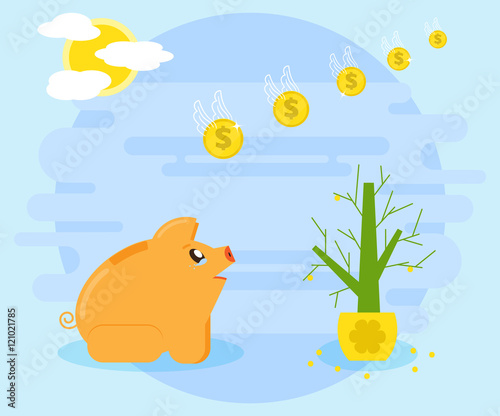 Losing money, savings, accumulation as a result of risky, reckless investments, financial crisis, or the action swindlers. Angry, weeping pig piggybank looks like money fly. Flat style