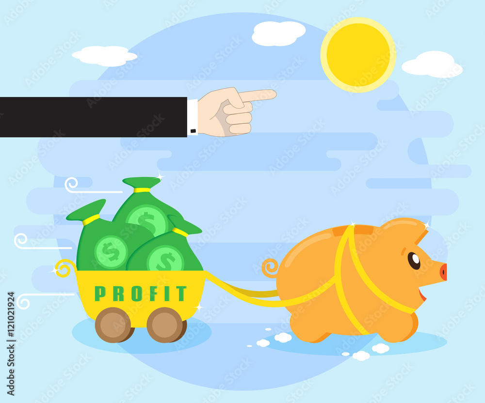 Obraz premium Management and control of the resulting profits. Businessman hand shows the way, the direction of motion of a happy pig piggybank, which carries a profit. Flat style