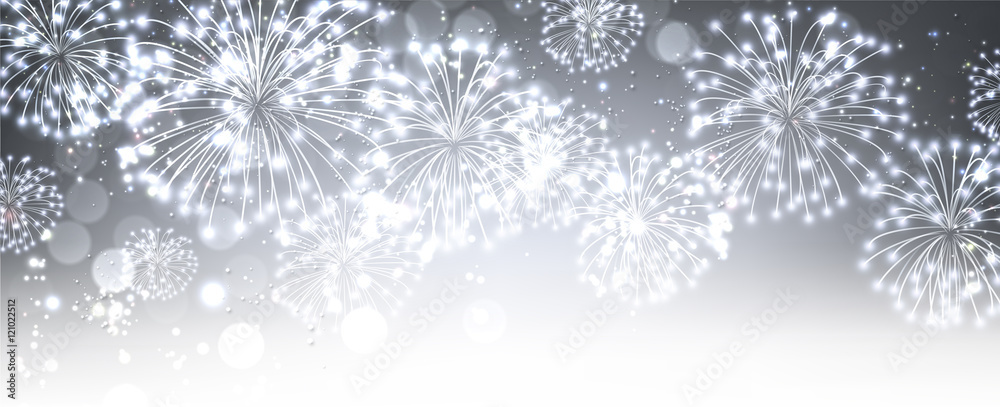 Gray festive banner with fireworks.