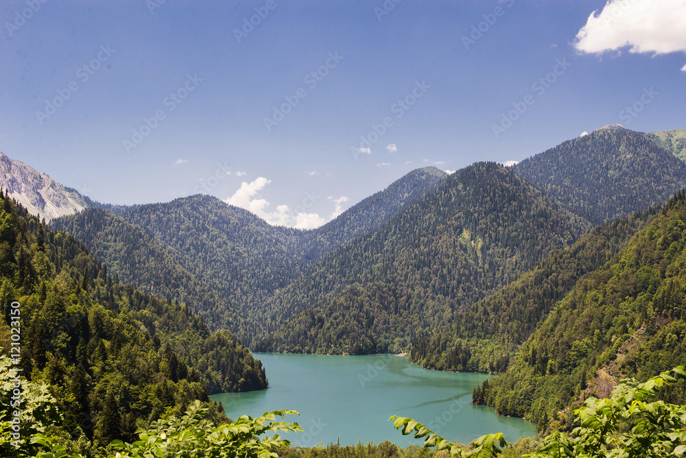 Mountain summer panoramic view with lake Ritsa. Abkhazia.