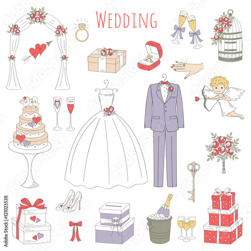 Vector set of hand drawn wedding icons wedding dress, suit, cake, cupid angel, bouquet, ring, arch, gift box, birdcage, champagne isolated doodle sketch illustrations.