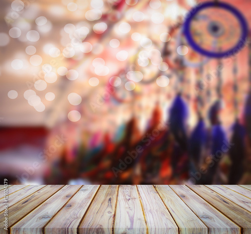 Perspective teak wood and blur dreamcatcher with bokeh use for b