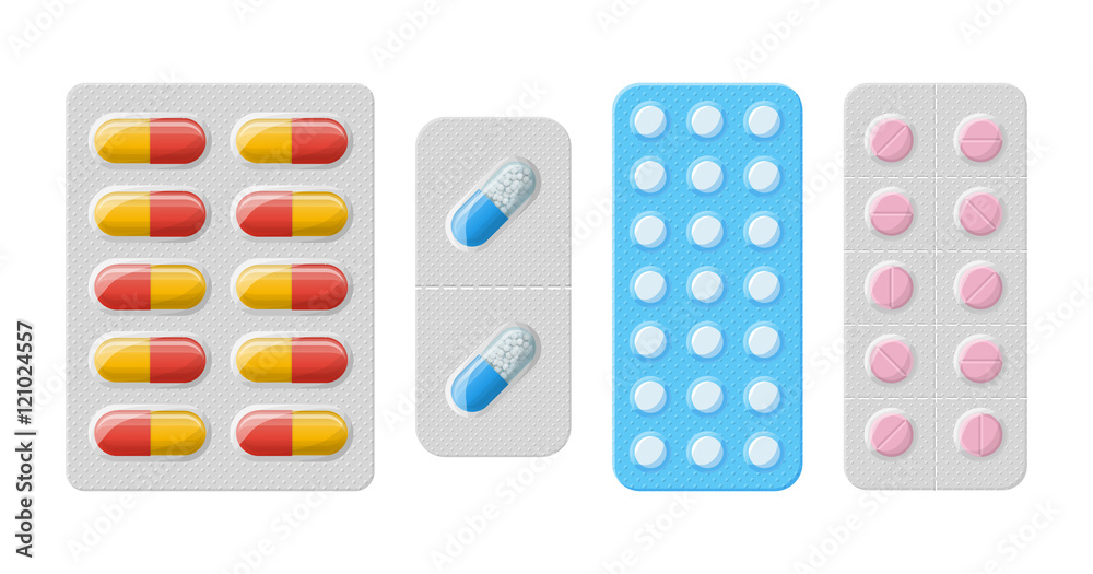 Set of vector pills and capsules. Icons of medicament. Tablets in blisters: painkillers, antibiotics, vitamins and aspirin. Pharmacy and drug symbols. Medical illustration on white background.