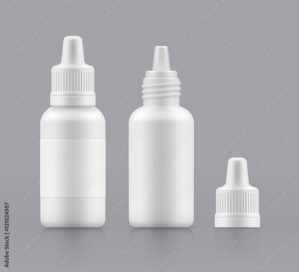 Vector nasal spray. Eye drops. Open and closed white plastic bottles. Container with medical drug for nose. Blank packing - vector isolated illustration Vector nasal spray. Eye drops. Open and closed white plastic bottles. Container with medical drug for nose. Blank packing - vector isolated illustration