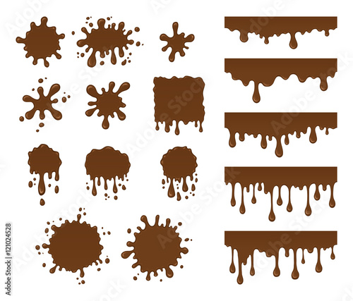 Vector set of chocolate drops and blots. Collection of brown splashes liquid and blobs. Abstract vector shapes isolated on white background.