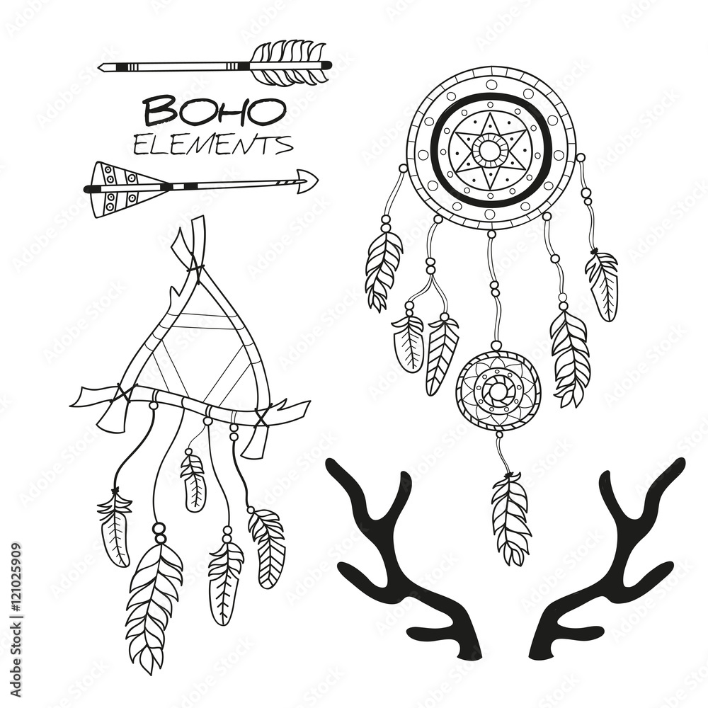 Set of Hand Drawn Boho Elements / Boho Style Decorative Symbols Stock ...