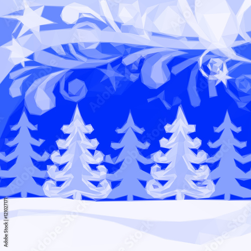 Christmas Landscape, Winter Snowy Forest and Abstract Patterns, Low Poly Background for Holiday Design. Vector © alexokokok